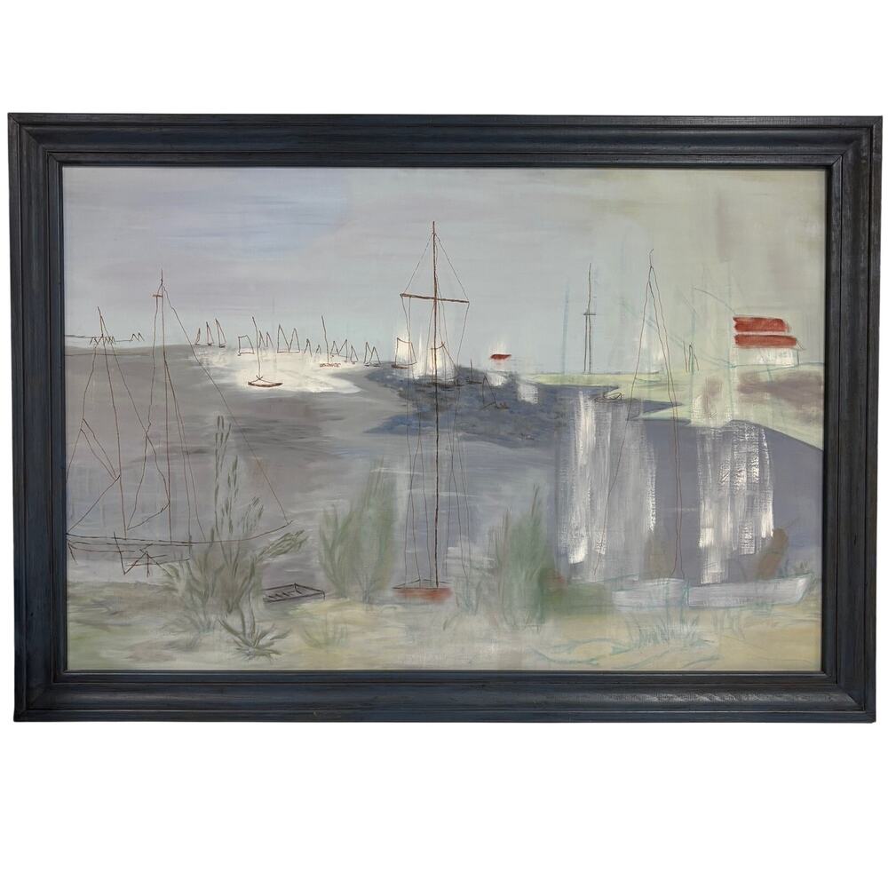 Vintage watercolor painting small boats in harbor wiry Jewish-American 28x40"